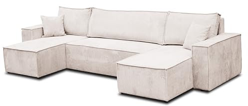 VENASI MÖBEL Hugo U-Form Ecksofa mit Schlaffunktion und Bettkasten, Sofa Eckcouch U Form Schlafsofa (Beige)