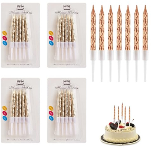 RDNKVB 40 pièces Bougie Anniversaire Spirale Bougies Gâteaux Métallique avec Support pour la Décoration de Gâteaux de Mariage et de fête d'anniversaire (Courte Fine, Champagne)
