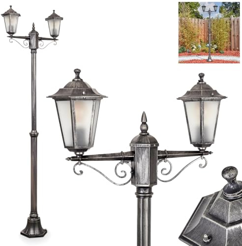 HOFSTEIN Kandelaber Loria, Außenwegeleuchte aus Metall/Milchglas in Schwarz/Silber/Weiß, klare Wechselscheiben, Wegeleuchte im Vintage/Antik/Landhaus-Design für Garten/Hof, max. 200 cm, 2 x E27, IP44