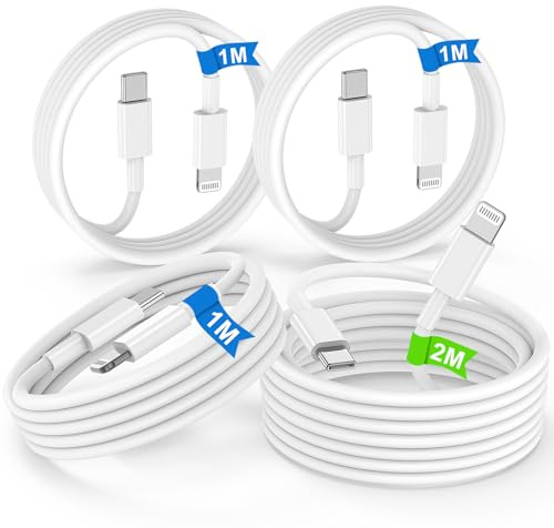4Pack Cable USB C a Lightning 1M+2M,[Certificado Apple MFi] Cable de carga para iPhone,Cable Tipo C a Lightning Apple Original para iPhone 14 13 12 11 Pro Max Mini XR XS SE X 8,iPad-Blanco