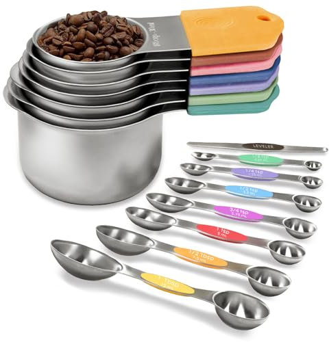 Magnetic Measuring Cups and Spoons Set, Including 7 Heavy Duty 304 Stainless Steel Nesting Measuring Cups & 8 Magnetic Measuring Spoons with 1 Leveler for Cooking & Baking (Color)