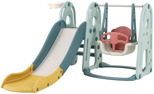 GOPLUS 4 in 1 Scivolo per interni per bambini con altalena, cestino da basket, scala, set di gioco al coperto per 1,5 anni, ricarica 30 kg, regalo per ragazzi e ragazze