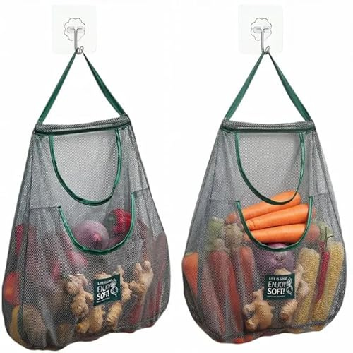 WOXJENA Einkaufsnetz Netz, 2 Stück Wiederverwendbar Einkaufstasche Mesh Einkaufen, Netztasche, Netzbeutel mit Langer Griff für Lager Obst Gemüse Markt/Lebensmittel einkaufen
