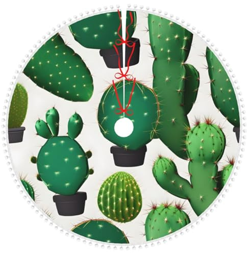 Decoración suave de doble capa con estampado de cactus verde para decoración de árbol de Navidad, falda de árbol de Navidad con ribete de pompón