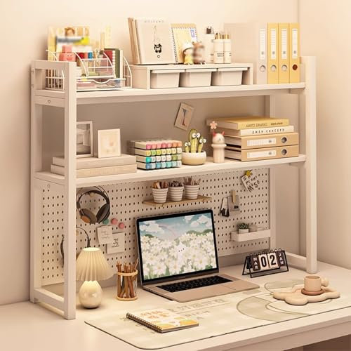 Pegboard Metallregal Stecktafel Wand Organizer, Freistehendes Schreibtisch-Bücherregal mit 2 Ebenen, Computer-Schreibtisch-Bücherregal für Schlafzimmer, Arbeitszimmer, Büro(White,90 * 90cm)