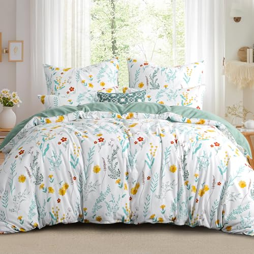 RUIKASI Bettwäsche 200x220 Blumen Salbei Grün - 3teilig Blumenmuster Bettbezug 220x200, Mikrofaser Floral Bettwäsche-Sets mit 2 Kissenbezügen 80x80cm Reißverschluss, Weich und Bügelfrei