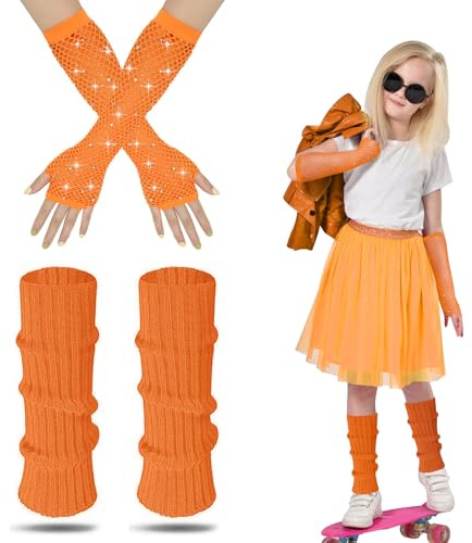 AffeGifts Jambiere Fluo Enfant, Deguisement Annee 80 Enfant Fille Fluo Jambiere Avec Mitaines Enfant Fluo Guetre Annee 80 Fille Ambieres Guetres Femme Fantaisie Robe Années (Couleur orange, 1)