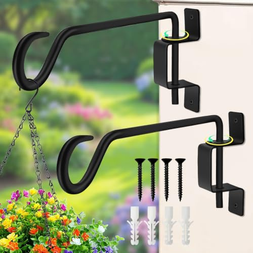 Auskee 2-Pack Iron Hanging Basket Bracket, Adjustable Fence Wall Hooks - 11.4 Inch Heavy Duty Decorative Hook for Hanging Planters, Bird Feeders, Wind Chimes & Lanterns (Indoor/Outdoor Use)