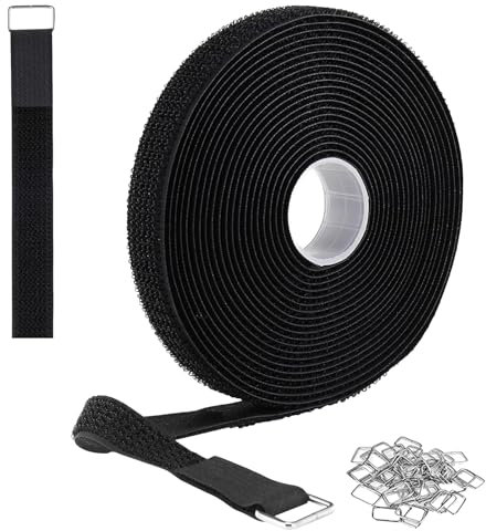CAIJ 10M Klettband Kabelbinder mit 50 Metallschnalle, Freie Schnittlänge Klett Kabelbinder, 2.5 cm Breit Klettband Beidseitig Wiederverschließbar Klettverschluss Stark für Home Office Büro und Garten
