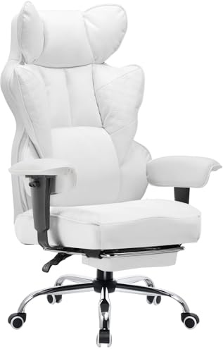 COMHOMA Gaming Stuhl, ergonomischer Bürostuhl, Schreibtischstuhl mit verstellbare Armlehnen, Taschenfederkern-Lendenwirbelstütze für große und hohe Personen, 180 kg, breiter Sitzfläche, weiß