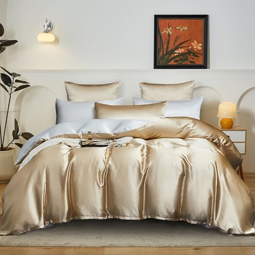YASMENG Satin Bettwäsche 200x220 Beige Gold Weiß Wendebettwäsche Satin Glatt Glänzend Deluxe Weich Seidig Seide Bettbezug Set 3teiling mit Reißverschluss und 2 Kissenbezüge 80x80 cm