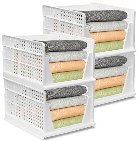 BOODPET Organisateur de Rangement pour Armoire, Lot de 4 Grands Paniers Empilables - 43 x 33,5 x 25 cm, Bacs de Rangement en Plastique pour Placard, Maison, Bureau, Linge, Vêtements, Jouets, Cuisine