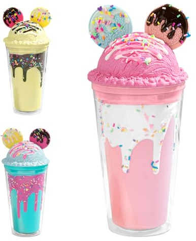 SilverChry Trinkbecher mit Strohhalm und Deckel 450ml, Eiskaffee Becher, Trinkbecher Doppelwandige Niedliche - Bär Eiscreme Design, Bubble Tea Becher, Matcha Gläser Reisebecher Schnabeltasse (Rosa2)