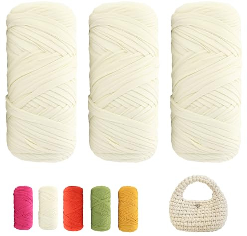 T-Shirt Garn 600g - Häkelgarn, Weiches Bandgarn, 3pcs Extra dickes Textilgarn zum Häkeln und Stricken, geeignet für Häkeltaschen, Mützen, Teppiche, DIY-Kunsthandwerk - Milchig weiß