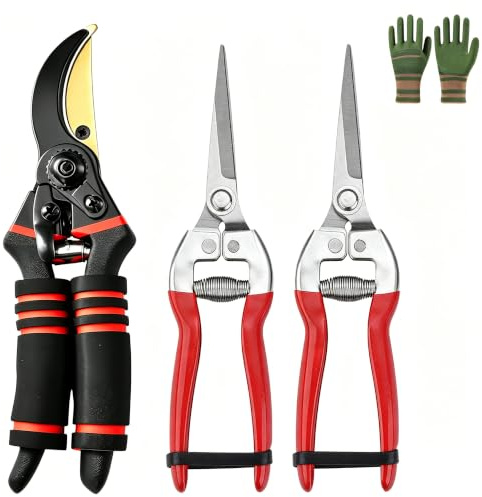 Garden Secateurs, 3 Pack Carbon Steel Gardening Pruning Shears, Secateurs Heavy Duty, Stainless Steel Garden Clippers with Garden Gloves for Plants, Yard, Flower Gardening