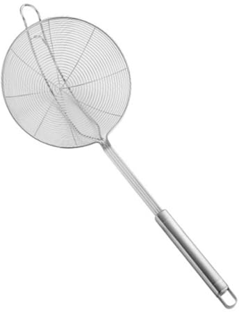 LOLIPPYY Cuchara Colador de Acero Inoxidable con Gancho Escurridor de Cocina Multifuncional para Frituras y Pasta Mango Ergonómico y Diseño Perforado Ligero y Fácil de Limpiar