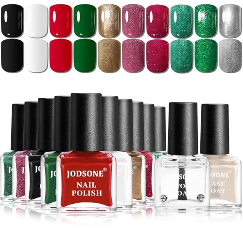 JODSONE Set de Esmalte de Uñas 10 Colores con Base y Capa Final | Esmalte de uñas secado rápido, tonos lisos y purpurina. Nail art DIY para casa y salón, regalo ideal para mujeres y niñas