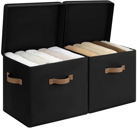 StorageWorks Fabric Storage Bins with Lid, Decorative Storage Boxes for Shelves, Stackable Closet Organizer Basket with Handles, Large, Black, 2-Pack