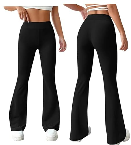 Women’s Flared Trouser High Waist Ladies Boot Cut 27, 29 & 31 Leg Length Ribbed Stretch Work Pants –Pull On Flare Bottom for Women Gym Office Work wear Slack- Black 10W/31L