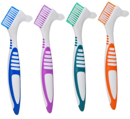 VILLCASE Lot de 4 Brosses à Dents pour Prothèses Dentaires Double Face Poils Durs Couleurs Assorties Outil de Nettoyage pour Appareil Portable et Multifonction