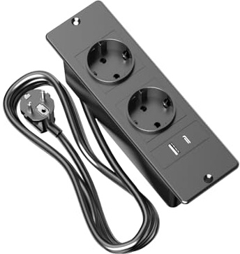 Infälld grenuttag med överspänningsskydd, infällbart bordsuttag med 2 kontaktskyddade uttag, 1 x USB-A + 1 x typ-C, 1,5 m kabel, möbeluttag för bänkskivor och konferensbord