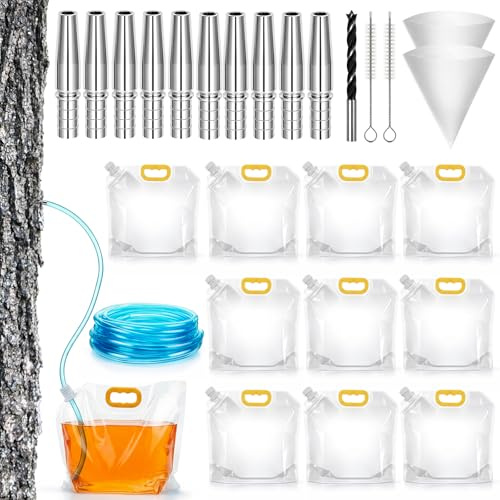 Baderke 10 Set Maple Syrup Tapping Kit with Stainless Steel Maple Tap Spiles 2.5L Bag 19.7ft Tubing Filter Cleaning Brush Drill Bit Reusable Tree Syrup Tapping Kit Collection for Expert Beginner
