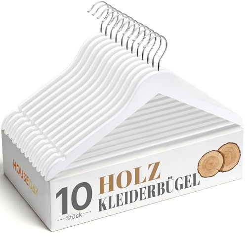 HOUSE DAY Kleiderbügel Holz Weiß 10 Stück, schlanke Bügel aus Birkenholz | bis 6 kg belastbar, platzsparende Holzbügel mit 360° Metallhaken, Schulterkerben & Hosensteg, für Blusen, Kleider, Anzüge