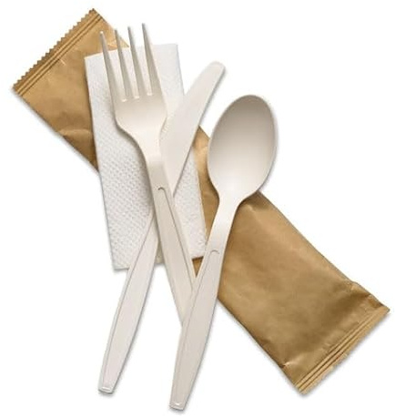 Cornstarch 4-in-1 Cutlery Set 50 Packs | Eco-Friendly Disposable Pack with Fork, Knife, Spoon & 2Ply Napkin | 50 Individually Wrapped, Biodegradable & Plastic-Free | for Takeaway, Catering & Events