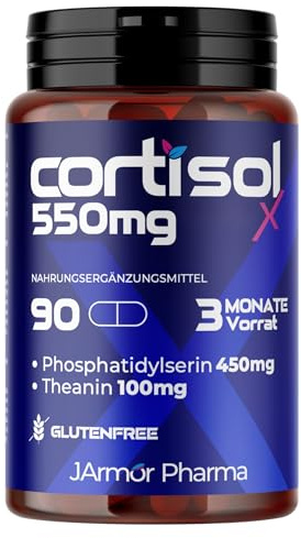 Cortisol 550mg, Phosphatidylserin 450mg & L-Theanin 100mg | 90 Vegane Kapseln 3 Monatsvorrat Pflanzliche HPMC Hochdosiert Ohne unnötige Zusatzstoffe Jarmor Pharma