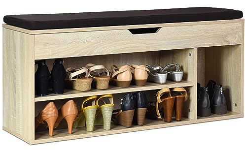 COSTWAY Schuhbank mit Sitzfläche und Stauraum, 104 x 30 x 48 cm, Garderobenbank Schuhregal Holz, Schuhablage Schuhschrank aufklappbar, Sitzbank mit Regal, Sitzkissen (Braun)