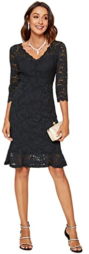 Atnlewhi Womens 3/4 Sleeve Slim Fit Lace Cocktail Dresses Party Wedding Guest V Neck Formal Evening Bodycon Dress Black