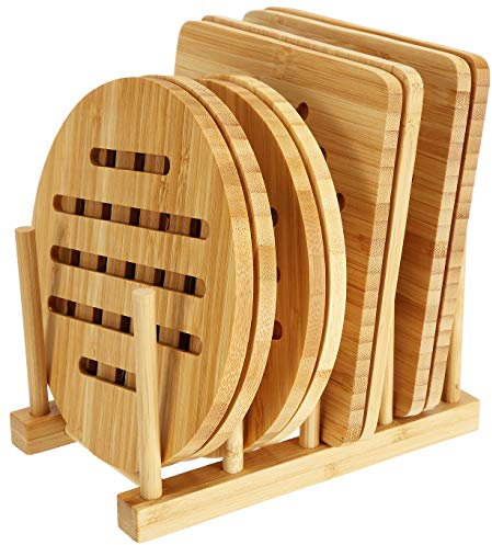 Lawei 8er Set Topfuntersetzer Untersetzer aus Bambus mit Abtropfgestell Waschbar Natur Hitzebeständig Bambus Quadratisch und Rund Pfannenuntersetzer-Set für Küche Schüssel Töpfe Teller