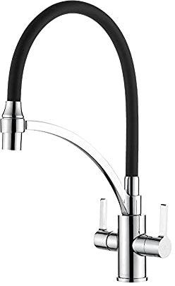 Ibergrif M22142-2 Grifo Cocina Negro, Grifo Cocina Fregadero Doble Mango con 2 Modos, Grifo Cocina Flexible Giratorio 360° con Manguera de Silicona