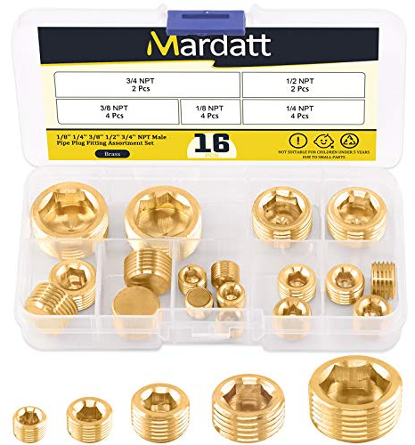 Mardatt 16Pcs 1/8 1/4 3/8 1/2 3/4 Brass NPT Plug Assortment Kit, Internal Hex Counter Sunk Pipe Fitting Male Thread Pipe Plug Set