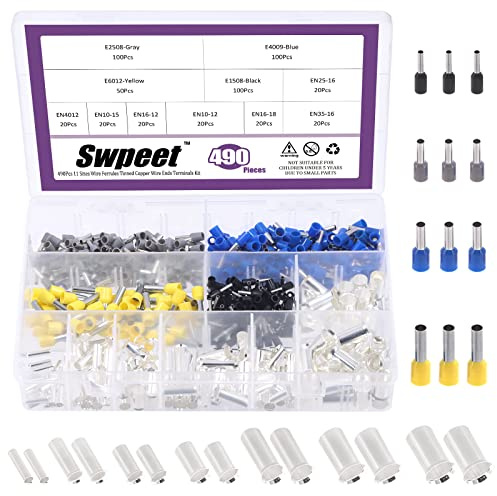Swpeet Assortiment de 490 embouts de fils AWG 2 4 6 8 10 12 14 16 Embouts de fils argentés Connecteurs à sertir Manchons de connecteur isolés