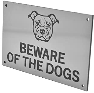 Akta dig för hundens skylt (Staffordshire bullterrier) – lätt att se varning, inomhus/utomhus, avskräckande skylt (silver)