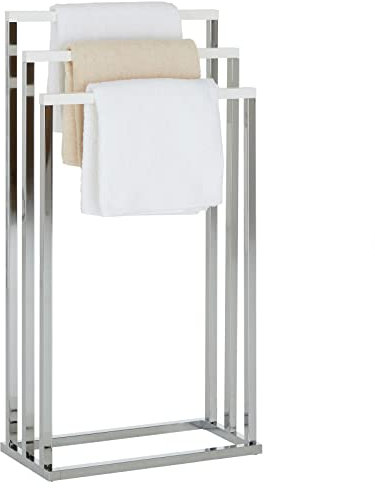 IDIMEX Porte-Serviettes sur Pied EDOARDO Portant pour Linge de Salle de Bain ou vêtements avec 3 tringles, en métal chromé et Bois lasuré Blanc