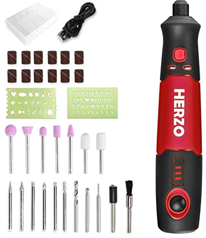 HERZO Strumento Multifunzione Senza Fili，mini trapano elettrico rotativo senza fili,USB Ricaricabile e 32 Accessori,3 Velocità Variabile 5000-15000RPM per lucidatura/intaglio/taglio,Red