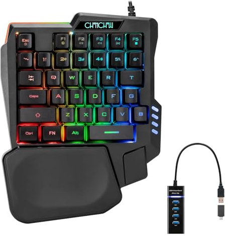 CHONCHOW Teclado para juegos con una sola mano, 35 teclas, LED arcoíris, USB con cable, ergonómico con reposamuñecas, mini portátil, compatible con PS4/PS5/Xbox/PC/portátil