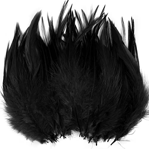 200pcs Black Feathers for Crafts, 5-7Inch Rooster Saddle Hackle Crafting Feather for Halloween Dream Catcher Supplies Wedding Home Party Decoration Earrings DIY Craft