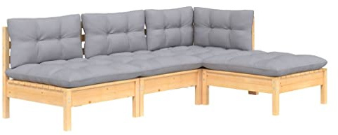 vidaXL 4-TLG. Garten-Lounge-Set mit Grauen Kissen Kiefernholz