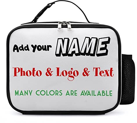 XIAYPRL Personalised Lunch Box for Boys Girls, Custom Lunch Bag for Adults Kids with Photo Name Text, Portable Insulated Leather Meal Bag with Water Bottle Holder & Zippers