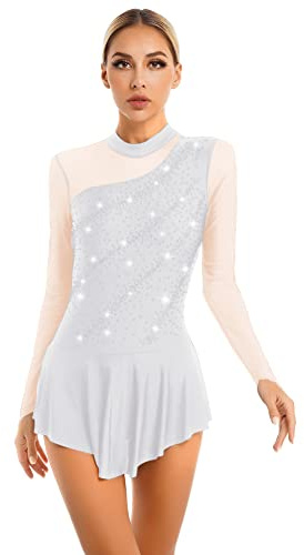 CHICTRY Eiskunstlauf Kleid Damen Wettkampf Langarm Strass Glitzer Rollschuhkleid Stehkragen Ballettkleid Mit Asymetrisch Wickelrock Dancewear
