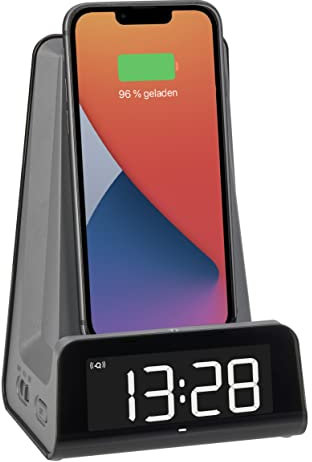 TFA Dostmann 2 in 1 Chargeur Induction ICONcharge, 60.2033.10, pour Smartphones, Chargement sans Fil, avec réveil, Fonction Chargement USB, Support pour Video Calls, Anthracite