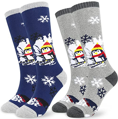 srclo Lot de 2 paires de chaussettes thermiques pour le ski, le snowboard, la marche - Chaussettes chaudes pour enfants de 5 à 15 ans, garçons et filles - Taille 26-34, bleu/gris, 5-15 Years