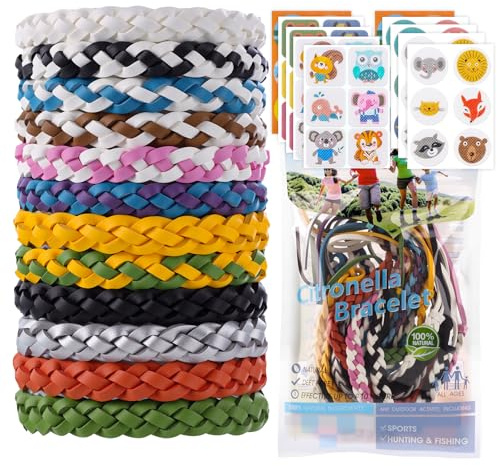 Mosquito Repellent Bracelet 12 Pack Adjustable Leather Band + 60 Patches Natural Insect Repellent Stickers, DEET-Free Outdoor Insect Repeller Bracelets for Adults Kids Family Travel