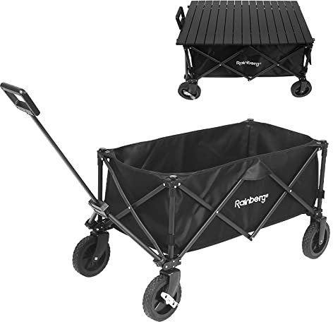 Rainberg Folding Trolley on Wheels & Table on Top Cart with Adjustable Handle & Cover Bag, Foldable Wagon for Outdoor Camping, Picnic, Shopping 120KG Weight Capacity Wheelbarrows (Black)