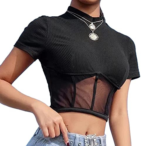 HSAJS T Shirt Femme à Manches Courtes Col Montant Côtelé Tshirt Haut Mode Élégant Top Moulant Décontracté Chic Tendance Tee Shirt Moderne Coupe Slim