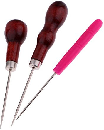Set di 3 punteruoli in legno/plastica con manico in pelle