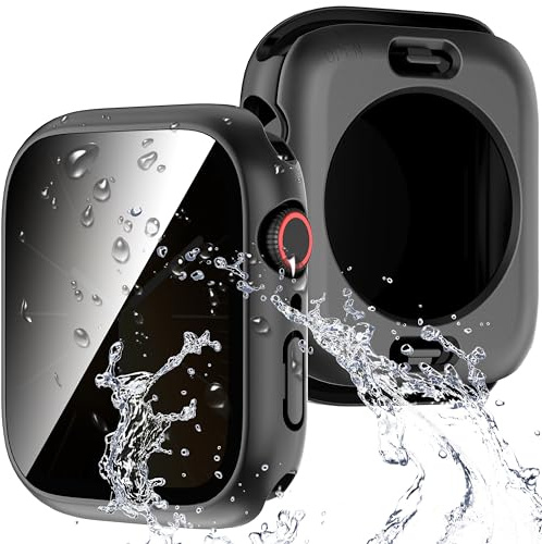 Diruite Hülle für Apple Watch Series 9/8/7 45mm Schutzhülle Anti Spy,PC Ultradünne Wasserdicht Privatsphäre Hartglas Glas Kratzfest Rundum Displayschutz Case,Schwarz,45mm